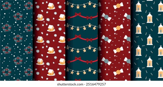 Set of Christmas vector seamless pattern. Merry Christmas and Happy New Year. Christmas symbols background. Vector red and blue seamless illustration