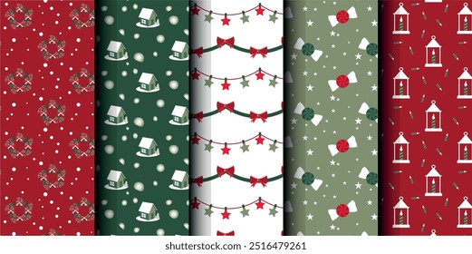 Set of Christmas vector seamless pattern. Merry Christmas and Happy New Year. Christmas symbols background. Vector red and green seamless illustration