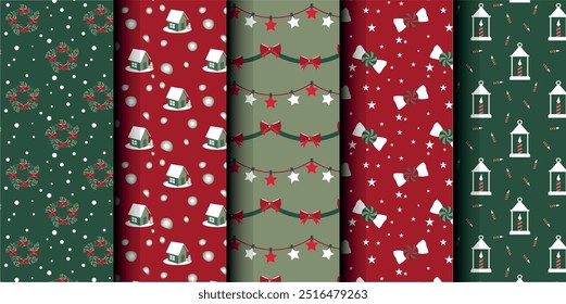 Set of Christmas vector seamless pattern. Merry Christmas and Happy New Year. Christmas symbols background. Vector red and green seamless illustration