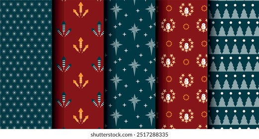 Conjunto de Natal vetor padrão sem emenda. Feliz Natal e Feliz Ano Novo. Fundo de símbolos de Natal. Ilustração sem emenda de vermelho e azul vetorial