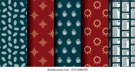 Set of Christmas vector seamless pattern. Merry Christmas and Happy New Year. Christmas symbols background. Vector red and blue seamless illustration