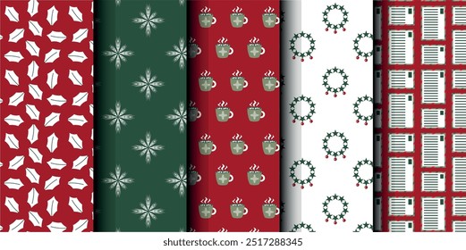 Set of Christmas vector seamless pattern. Merry Christmas and Happy New Year. Christmas symbols background. Vector red and green seamless illustration