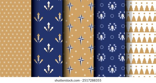 Set of Christmas vector seamless pattern. Merry Christmas and Happy New Year. Christmas symbols background. Vector gold and blue seamless illustration