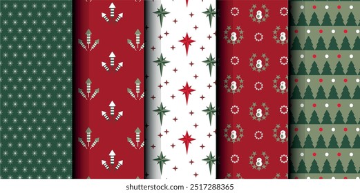 Set of Christmas vector seamless pattern. Merry Christmas and Happy New Year. Christmas symbols background. Vector red and green seamless illustration