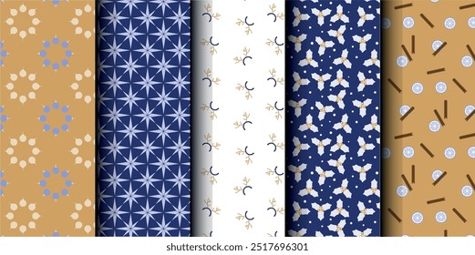 Set of Christmas vector seamless pattern. Merry Christmas and Happy New Year. Christmas symbols background. Vector gold and blue seamless illustration