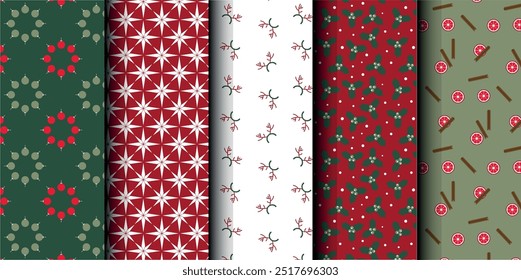 Set of Christmas vector seamless pattern. Merry Christmas and Happy New Year. Christmas symbols background. Vector red and green seamless illustration