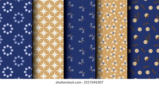 Set of Christmas vector seamless pattern. Merry Christmas and Happy New Year. Christmas symbols background. Vector gold and blue seamless illustration