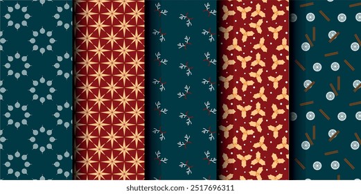 Set of Christmas vector seamless pattern. Merry Christmas and Happy New Year. Christmas symbols background. Vector red and blue seamless illustration