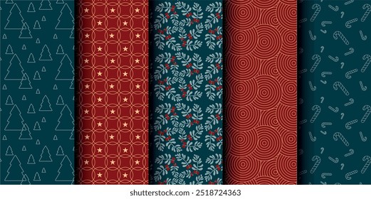 Set of Christmas vector seamless pattern. Merry Christmas and Happy New Year. Christmas symbols background. Vector red and blue seamless illustration