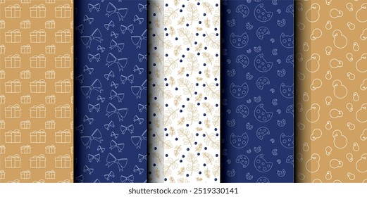 Set of Christmas vector seamless pattern. Merry Christmas and Happy New Year. Christmas symbols background. Vector gold and blue seamless illustration