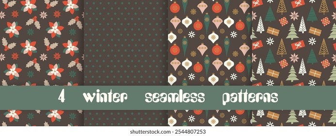 Set of Christmas vector seamless pattern. Merry Christmas and Happy New Year. Christmas symbols background. Vector retro seamless illustration