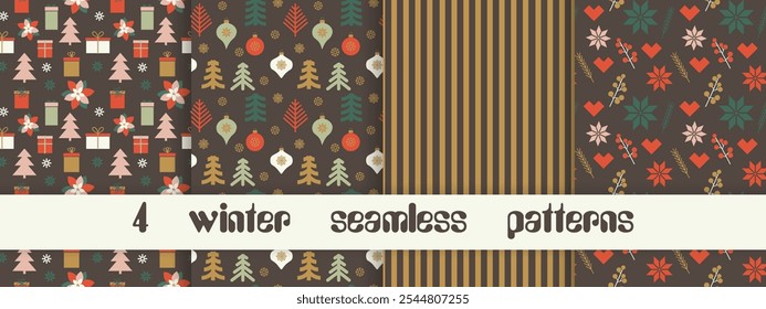 Set of Christmas vector seamless pattern. Merry Christmas and Happy New Year. Christmas symbols background. Vector retro seamless illustration