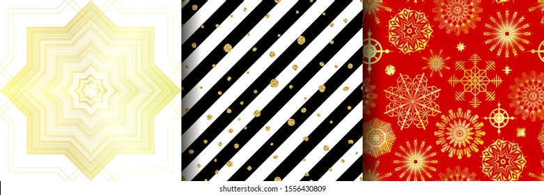 Set of Christmas vector seamless patterns. 3 holiday ornaments for wallpapers, web, posters, cards, wrapping paper. Set of illustrations with shiny stripes, snowflakes of red, white, black, gold color