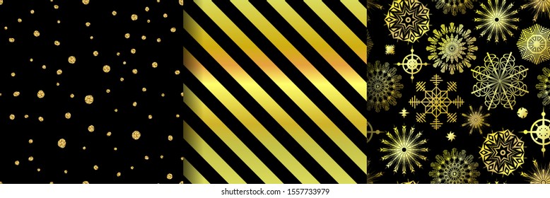 Set of Christmas vector seamless patterns. 3 holiday ornaments for wallpapers, posters, wrapping paper. Collection of New Year illustrations with gold and black stripes, snowflakes, glitter, sparkles