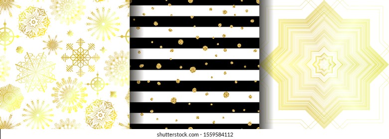 Set of Christmas vector seamless patterns. 3 holiday ornaments for wallpapers, posters, wrapping paper. Collection of New Year illustrations with gold and black stripes, snowflakes, glitter, sparkles