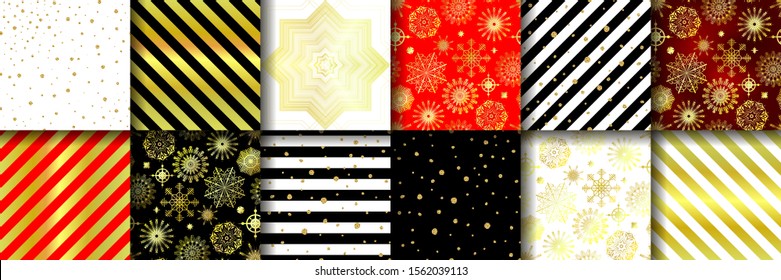 Set of Christmas vector seamless patterns. 12 holiday ornaments for wallpapers, web, posters, cards, wrapping paper. Illustrations with shiny stripes, snowflakes, glitter of red, white, black, gold