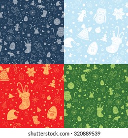 Set of Christmas vector seamless patterns with christmas attributes. Silhouette and contour shapes on red, green and blue background. eps 10