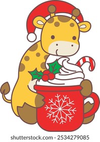 Set Christmas Vector Stock Illustrations of Baby Giraffe.
Cute giraffe animals with christmas theme.
A santa giraffe hugging a hot chocolate