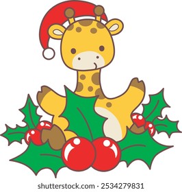Set Christmas Vector Stock Illustrations of Baby Giraffe.
Cute giraffe animals with christmas theme.
A baby giraffe in the middle of plants