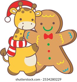 Set Christmas Vector Stock Illustrations of Baby Giraffe.
Cute giraffe animals with christmas theme.
A giraffe hugging a ginger bread