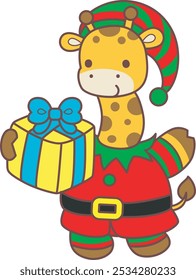 Set Christmas Vector Stock Illustrations of Baby Giraffe.
Cute giraffe animals with christmas theme.
A baby giraffe wearing a dwarf costume