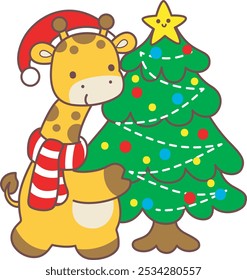 Set Christmas Vector Stock Illustrations of Baby Giraffe.
Cute giraffe animals with christmas theme.
A baby giraffe hugging a christmas tree