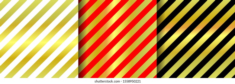 Set of Christmas vector striped seamless patterns. 3 holiday ornaments for wallpapers, posters, wrapping paper. Collection of New Year illustrations with gold, black, red stripes, sparkles lines