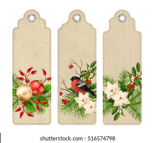 Set of Christmas vector tags or bookmarks with holiday compositions