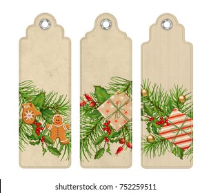 Set of Christmas vector tags or bookmarks with holiday compositions