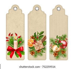 Set of Christmas vector tags or bookmarks with holiday compositions