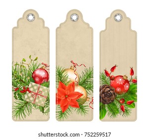 Set of Christmas vector tags or bookmarks with holiday compositions