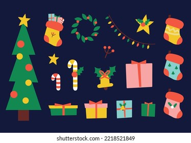 Establezca el vector de Navidad con elementos de navidad de árbol, flor, regalo, adornos navideños. Ilustración vectorial de color en dibujos animados planos