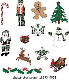 Set of Christmas vectors. Candy cane, nutcracker, gingerbread man, sleigh, Santa Claus, present, snowflake, snowman, reindeer. Perfect for holiday decoration and greeting cards.	