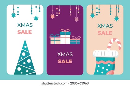 A set of Christmas vertical banners with a flat design and a single color scheme. Vector illustration.