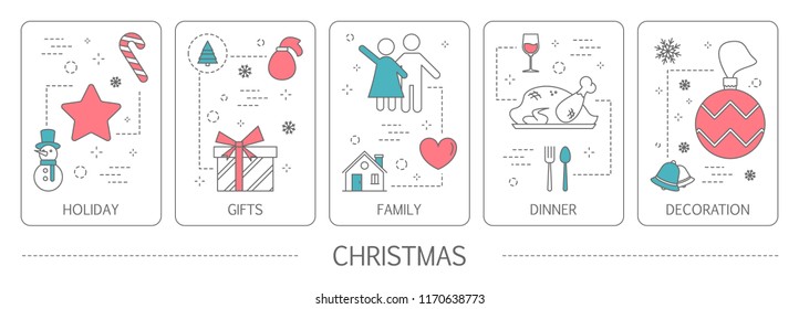 Set of christmas vertical banners. Idea of holiday, dinner, family and decoration. New year card. Isolated flat vector illustration