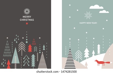 Set of Christmas vertical banners. Merry Chrismas and Happy New Year's cards. Stylized Christmas trees, snowflakes, forest, little fox, minimalistic scandinavian style