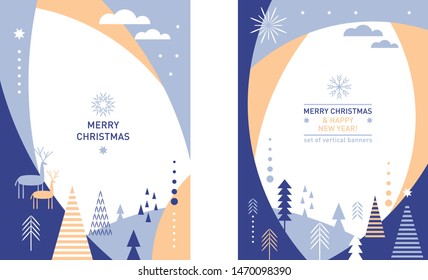 Set of Christmas vertical banners. Stylized Christmas deers, snowflakes, forest, Christmas trees, minimalistic scandinavian style