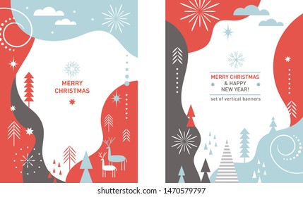 Set of Christmas vertical banners. Stylized Christmas deers, snowflakes, forest, Christmas trees, minimalistic scandinavian style