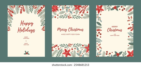 Set Christmas vertical card with winter festive hand drawn plants and flowers and typography on white background. For poster, cover, label, background. Flat vector illustration