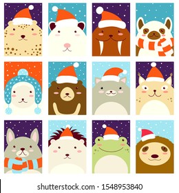 Set of Christmas vertical gift tag, card, badge, sticker with cute animals in Santa hat and scarf. Vector template card for greeting, decoration, congratulation, invitation. EPS8