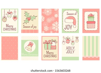 Juego de etiquetas de regalo verticales de Navidad, tarjeta, insignia, pegatina en estilo retro. Inscripción - Feliz Navidad, temporada de alegría. Tarjeta de plantilla vectorial para saludos, decoración, felicitación, invitación. EPS8