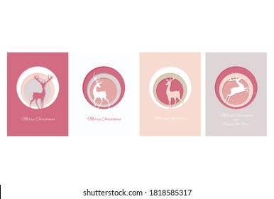 Juego de etiquetas de regalo verticales de Navidad, tarjeta, insignia, pegatina en estilo retro con silueta de ciervo salvaje. Tarjeta de navidad de plantilla vertical vectorial para saludos, decoración, felicitación, invitación. EPS10