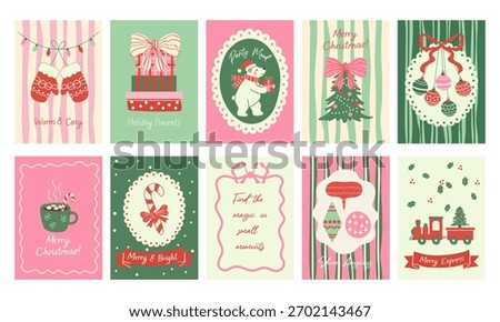 Set of Christmas vertical greeting cards. Vector illustrations with decorated fir tree, red ribbons, ornaments, and cute bear with gift. Holiday postcard templates for celebration and New Year greetin