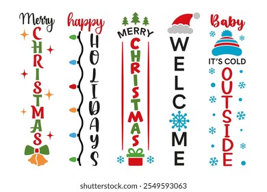 Set von Weihnachts-Vertikalschildern. Vektorgrafik für Dekoration Veranda Zeichen, Hintergrund, Plakate und andere Designs. Winterurlaub mit Begrüßung