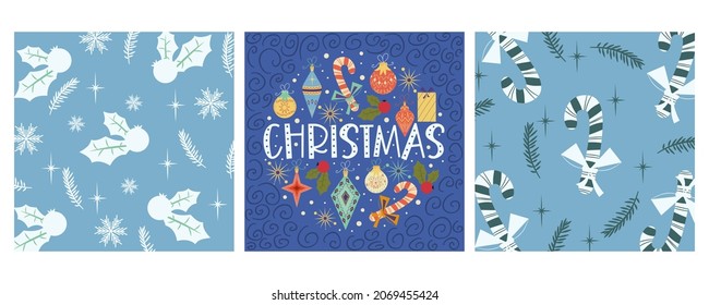 Set of Christmas vintage covers for congratulations.Template with lollipop, holly, toys and gifts. Vector illustration