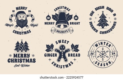 Set of Christmas vintage emblems. Santa Claus, Gingerbread man, Xmas Tree emblems. Christmas label, badges designs. Retro prints for T-shirt, typography. Vector illustration