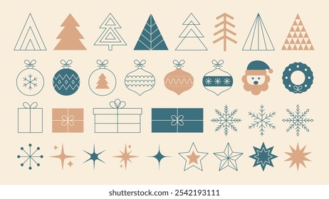 Conjunto de Navidades de Elementos minimalistas vintage en estilo lineal y plano. Árboles de Navidad, bolas, regalos, copos de nieve, estrellas. Ilustración vectorial