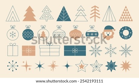 Set of Christmas vintage minimalist elements in linear and flat style. Christmas trees, balls, gifts, snowflakes, stars. Vector illustration