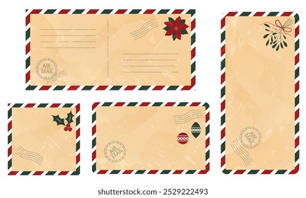 Set of Christmas Vintage Postcard Templates with Texture, Christmas Frame, Christmas Elements, Blank Postal Card, Border, Airmail, Stripes, Vector	