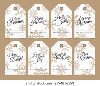 Set of Christmas vintage tags for gifts with snowflakes